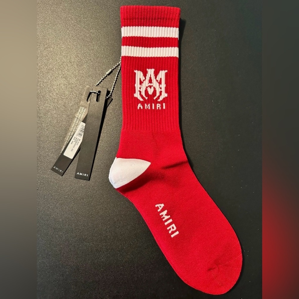 Amiri White RED M.A. LOGO Crew Ribbed Socks Size 43-44 ( Size 10-11) NEW